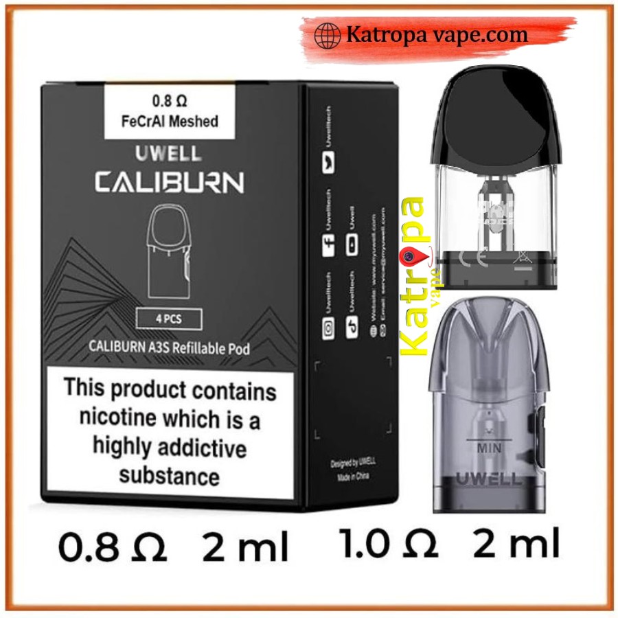 Uwell Caliburn A3S Replacement Pods– 0.8Ω / 1.0Ω  (4 Pack)